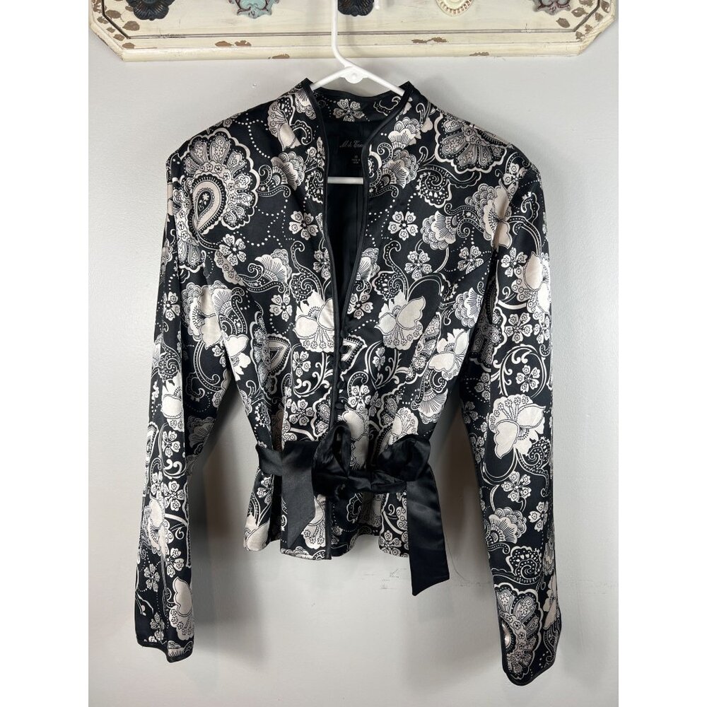 MSK Evening Jacket Black White Satiny Buttons Nehru Collar Ribbon Sash Size 16